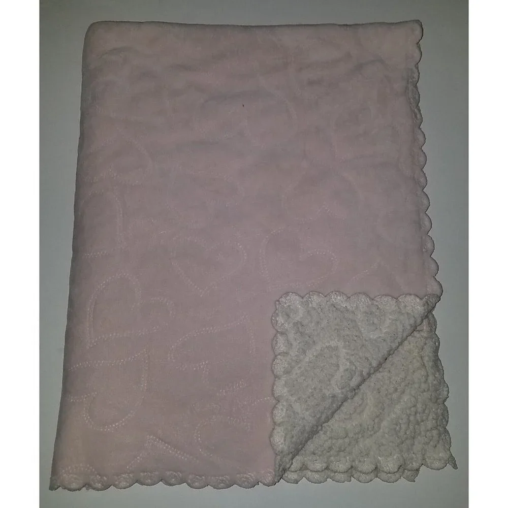 Mon Lapin Pink Hearts Fleece Baby Blanket Lovey White Sherpa Scalloped Edges
